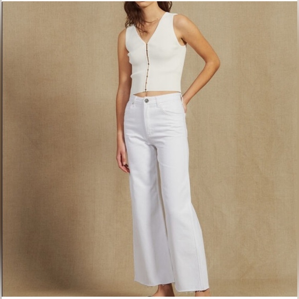 Sandro Paris Wide Leg Jeans Cream High Rise Raw Hem